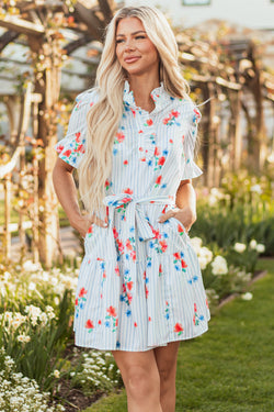 Stripe Floral Pattern Ruffle Short Sleeve Belted Mini Dress
