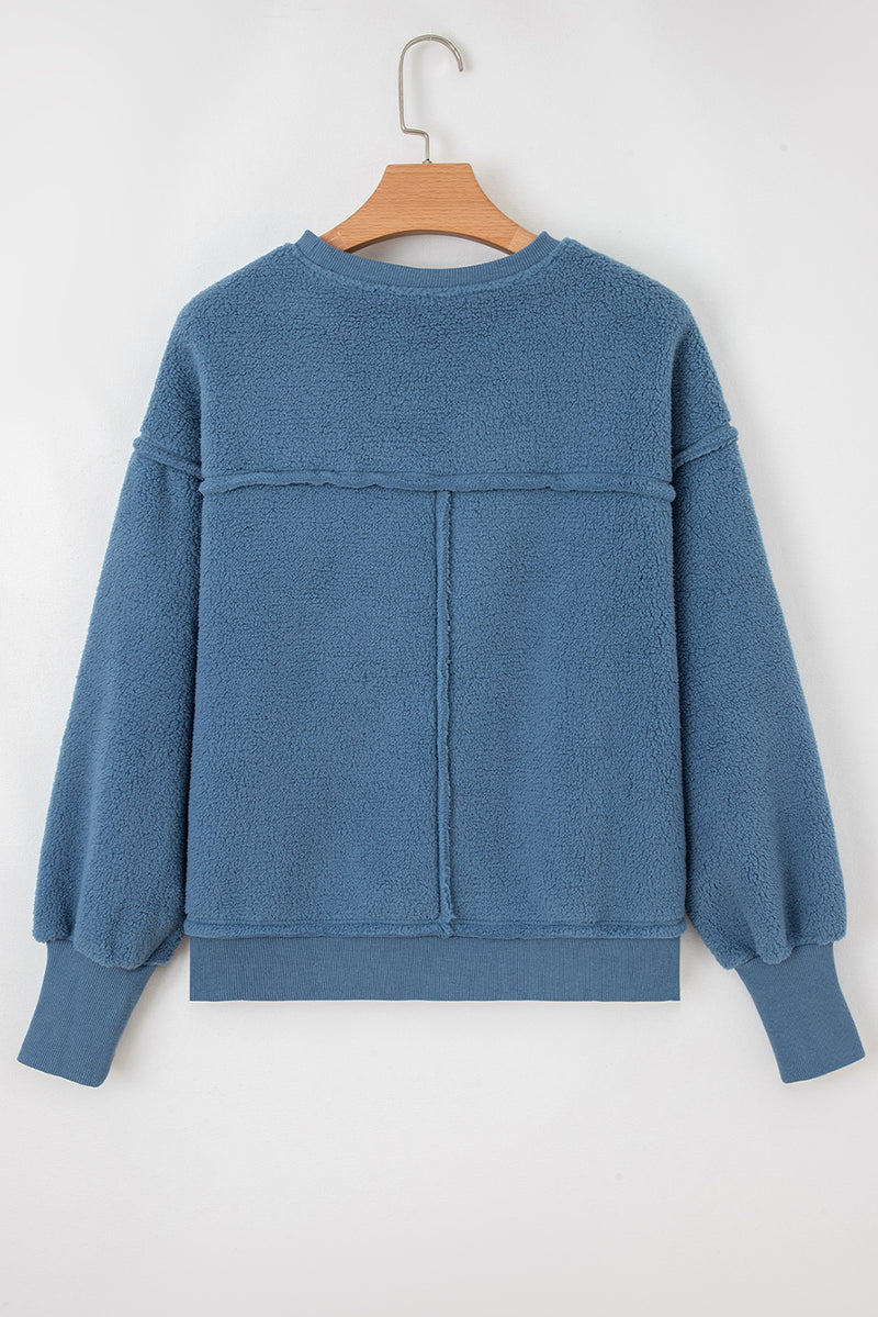 Fleece Drop Shoulder Exposed Seam Patchwork Casual Sweatshirt