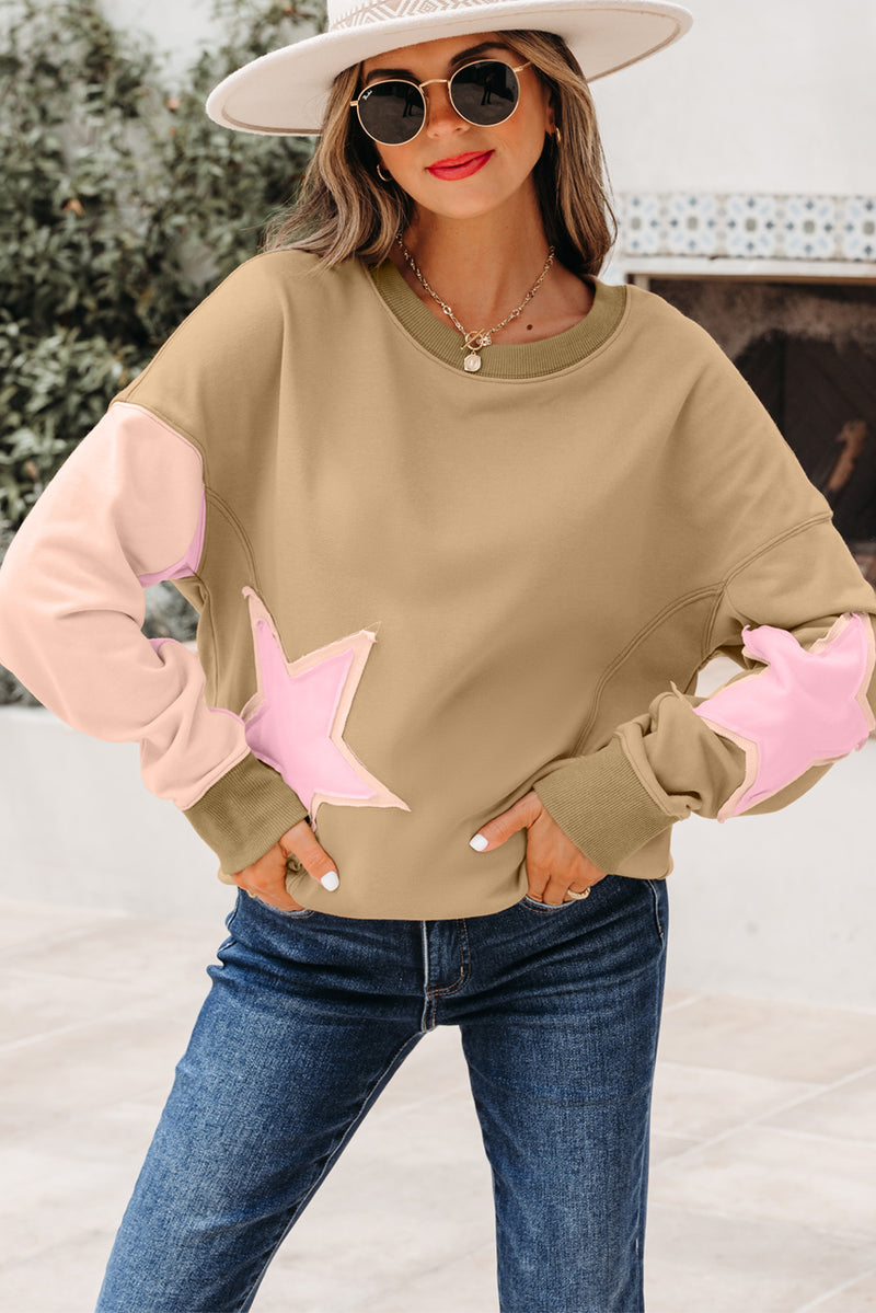 Contrast Star Patchwork Exposed Seam Uneven Hem Drop Shoulder Sweatshirt
