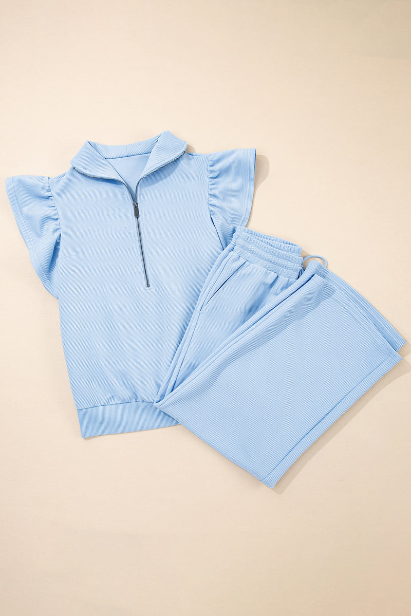 Solid Textured Ruffled Sleeve Zipped Top and Wide Leg Pants Set