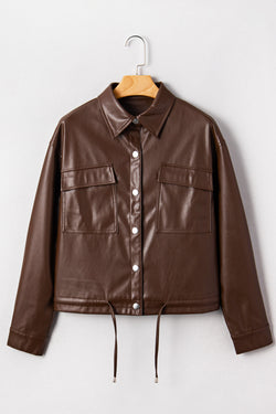 Double Flap Pocket Drawstring Hem Leather Jacket