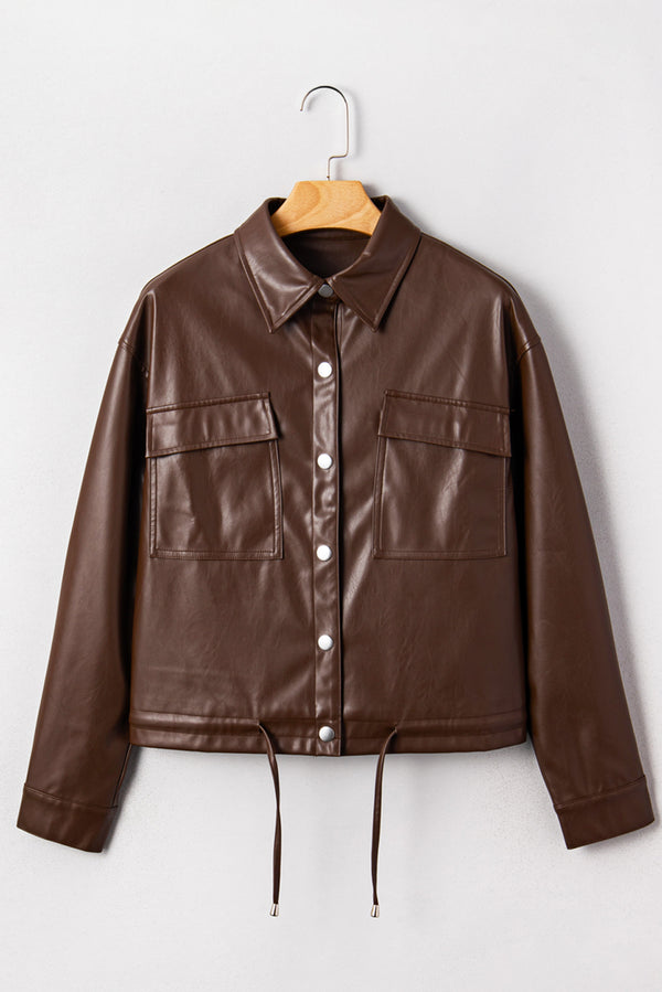 Double Flap Pocket Drawstring Hem Leather Jacket