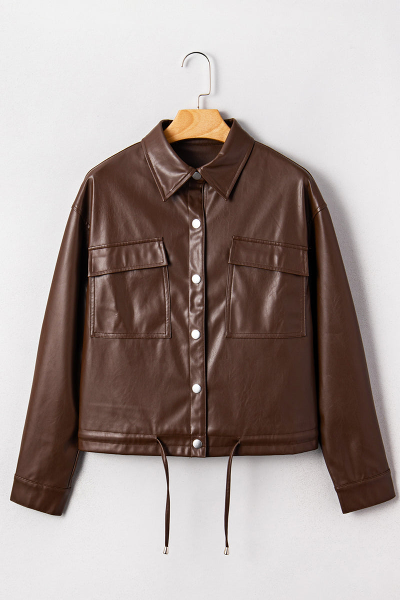 Double Flap Pocket Drawstring Hem Leather Jacket