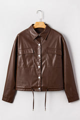 Brown Double Flap Pocket Drawstring Hem Leather Jacket