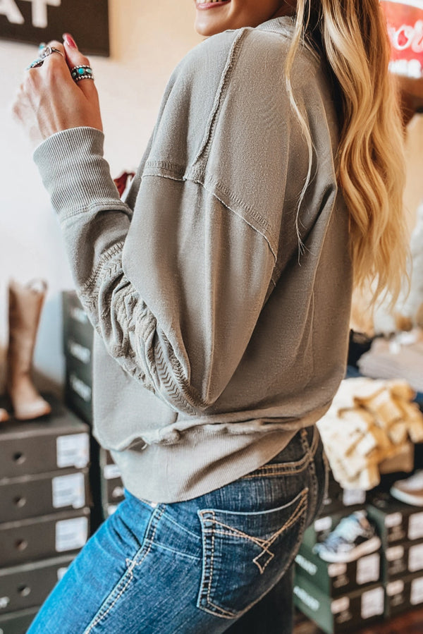 Beige Aztec Embroidered Western V Neck Sweatshirt