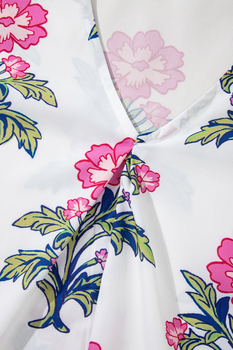 Floral Colorblock Stripe Knot Bubble Sleeve V Neck Blouse