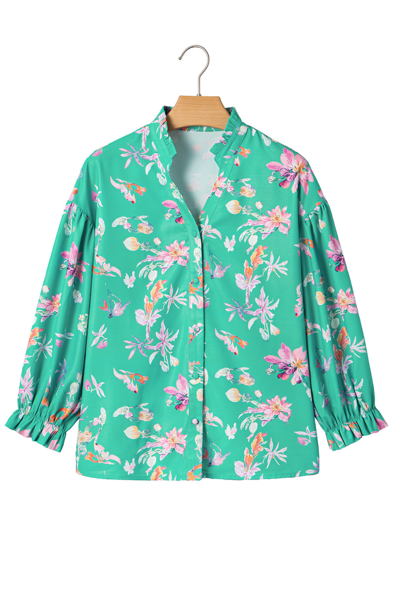 Floral Lantern Sleeve Button Front Shirt