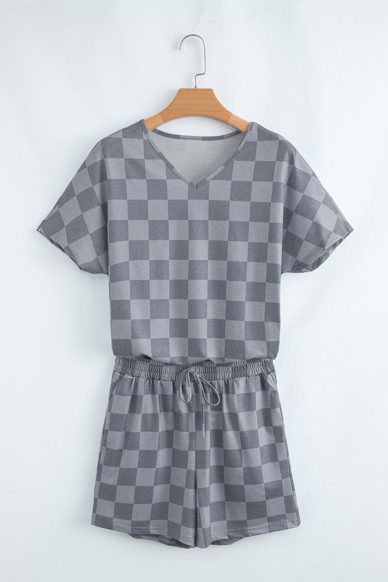 Checkered V Neck Tee Drawstring Shorts Lounge Set