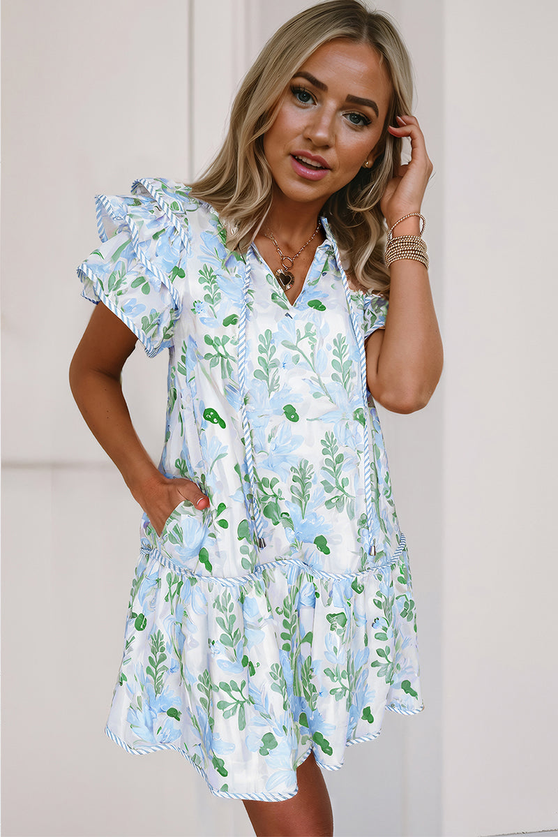 Floral Contrast Edge Layered Short Sleeve Mini Dress