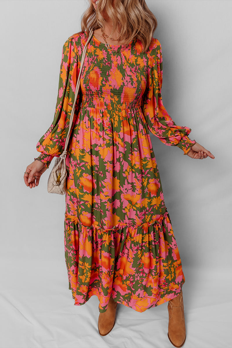 Floral Puff Sleeve Smocked Bodice Ruffled Long Dress