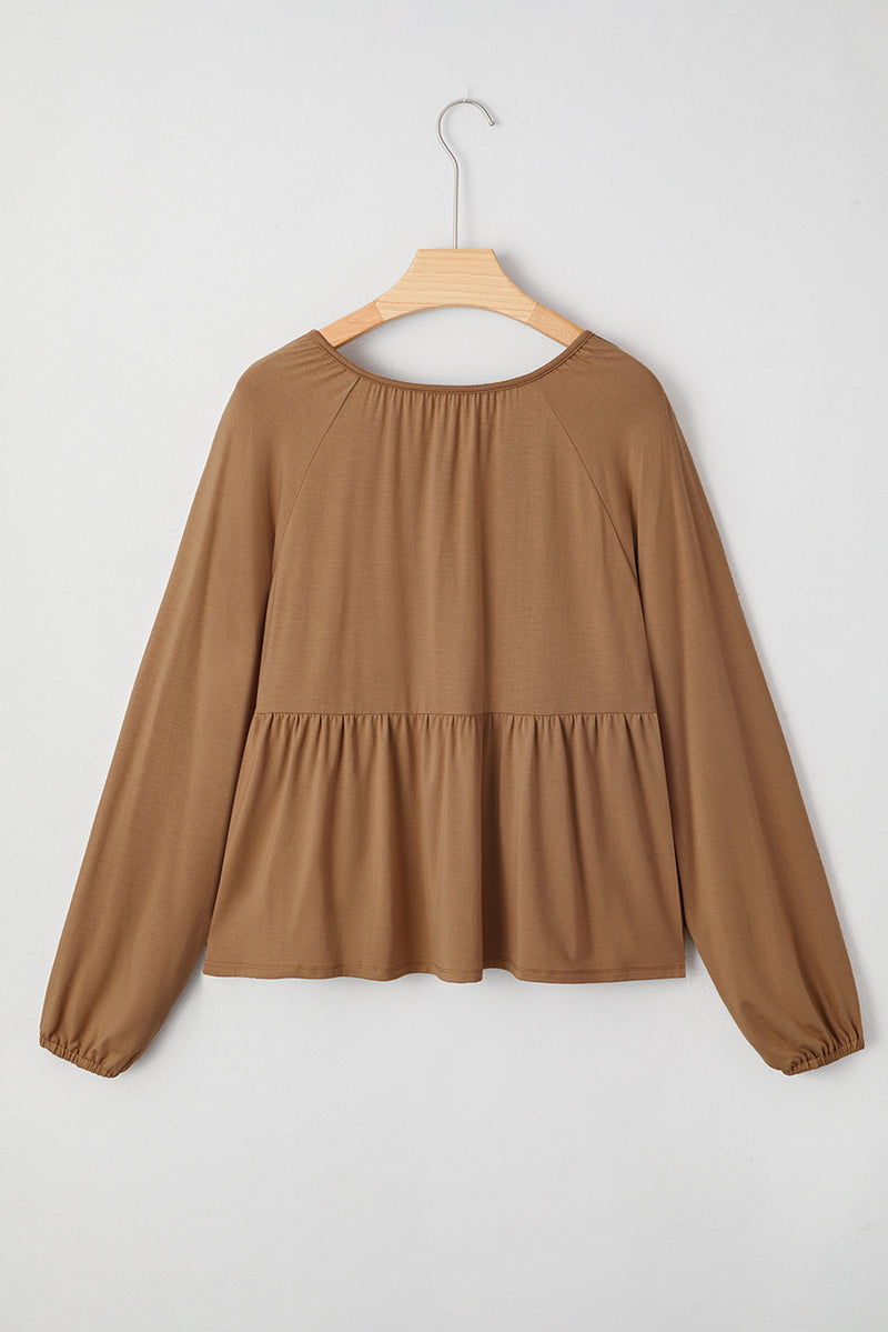 Chestnut Brown Smocked Bust Buttoned Split V Neck Flow Fit Blouse