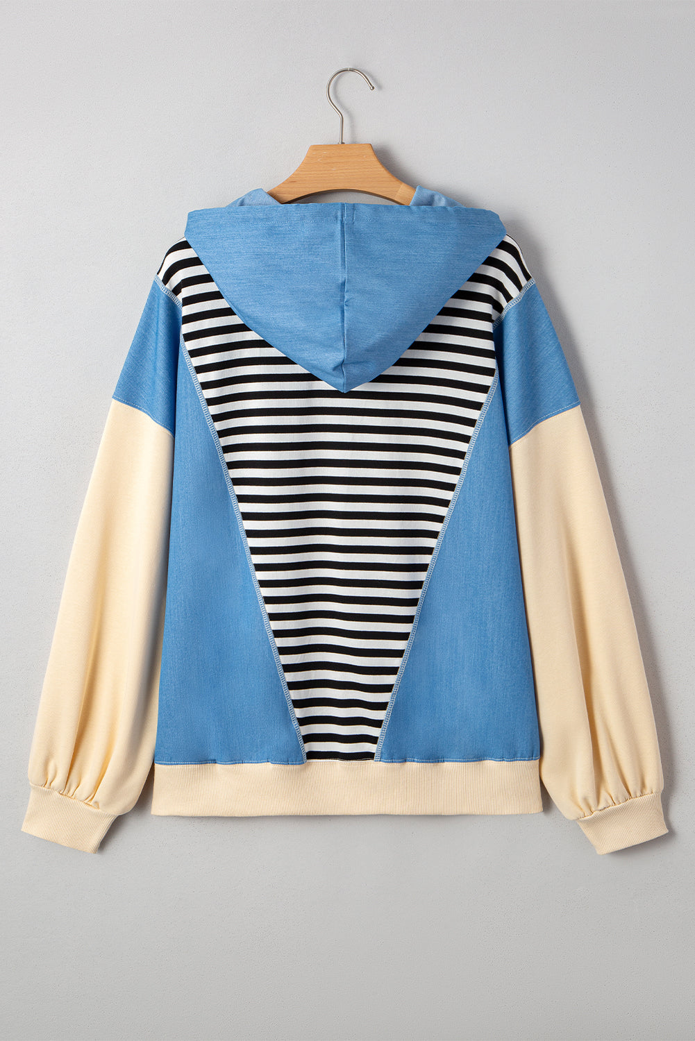 Stripe Denim Color Block Quarter Zip Baggy Drawstring Hoodie