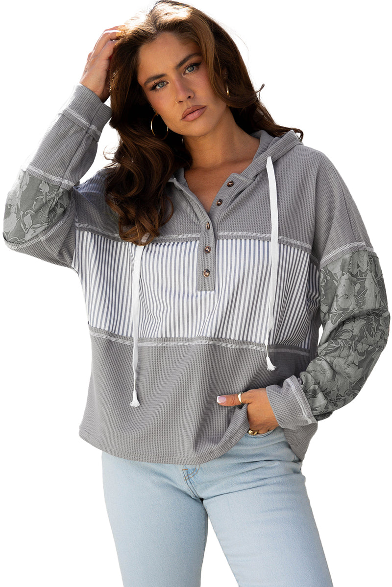 Waffle Printed Patchwork Drawstring Hooded Long Sleeve Top
