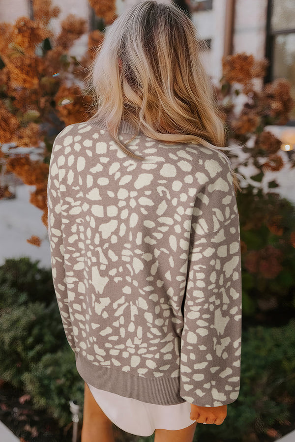 Leopard Spots Pattern Ribbed Trim Drop Shoulder Sweater
