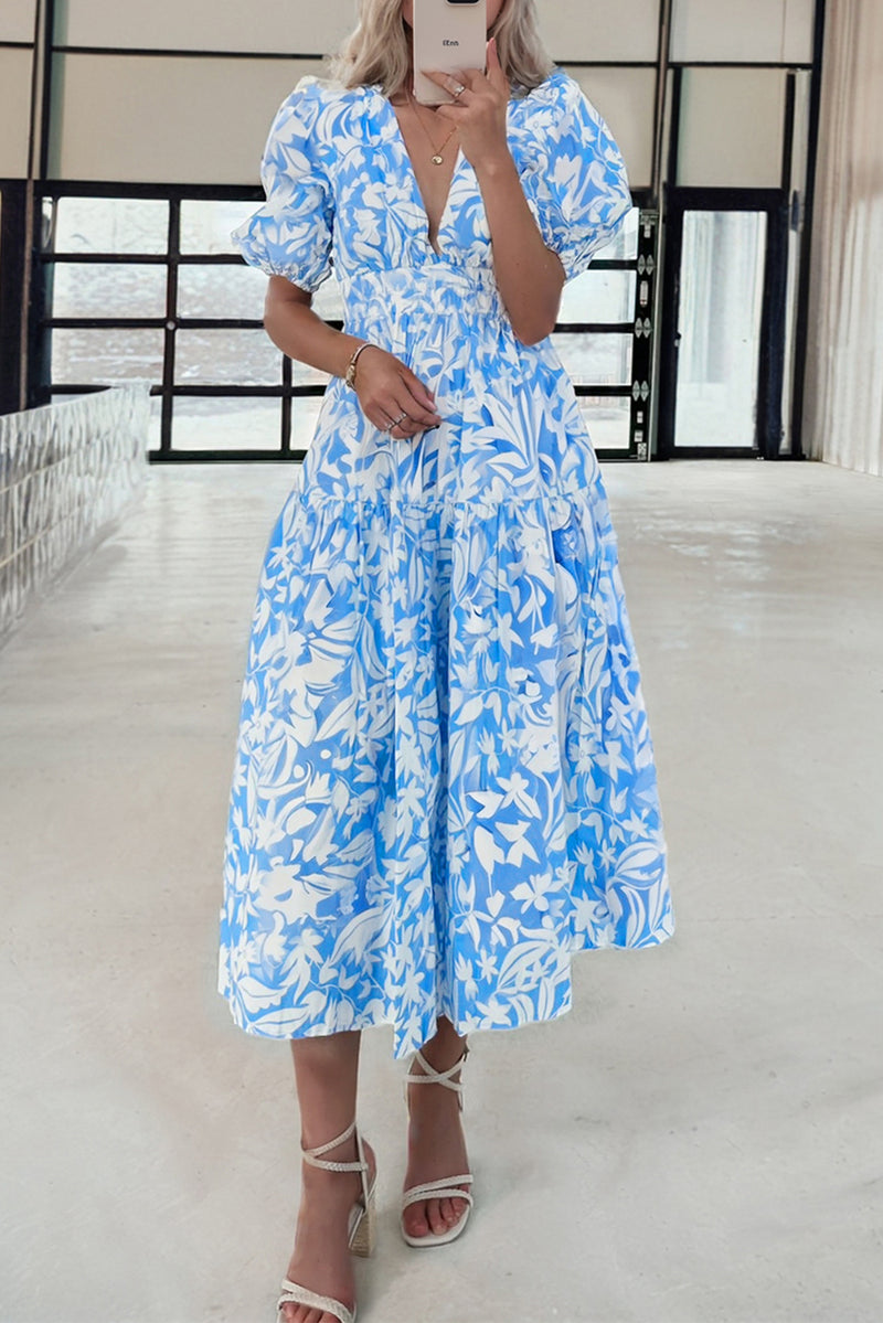 Floral V Neck Puff Short Sleeve Flowy Long Dress