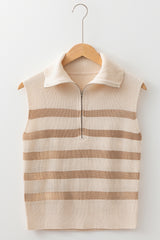 Stripe Ribbed Half Zip Collared Sweater Vest