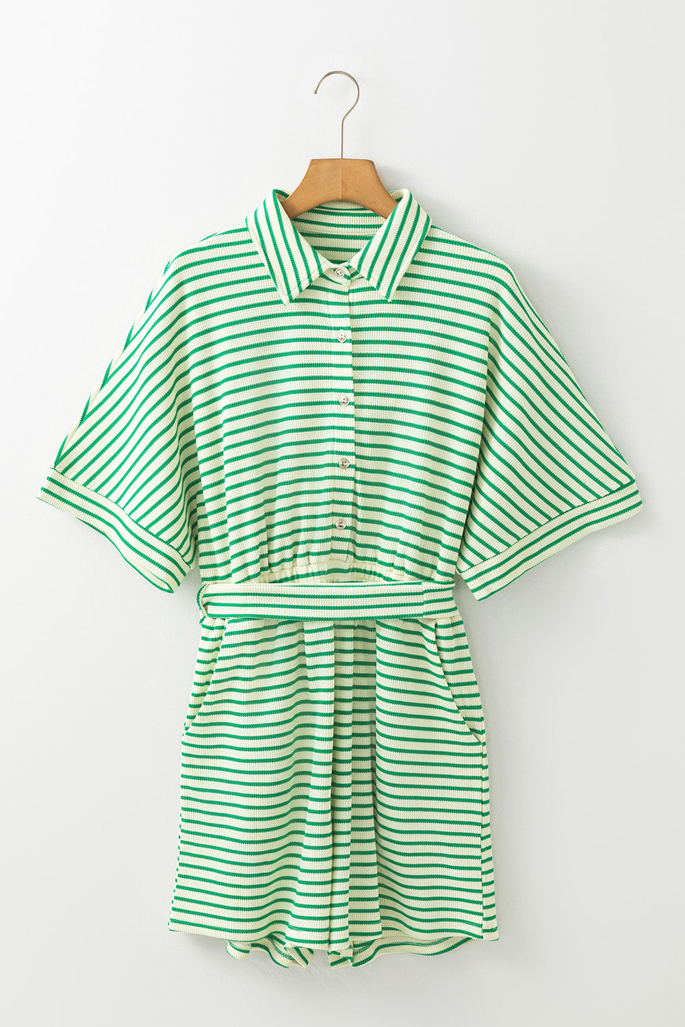 Stripe Textured Short Sleeve Collared Buttoned Waist Tie Romper