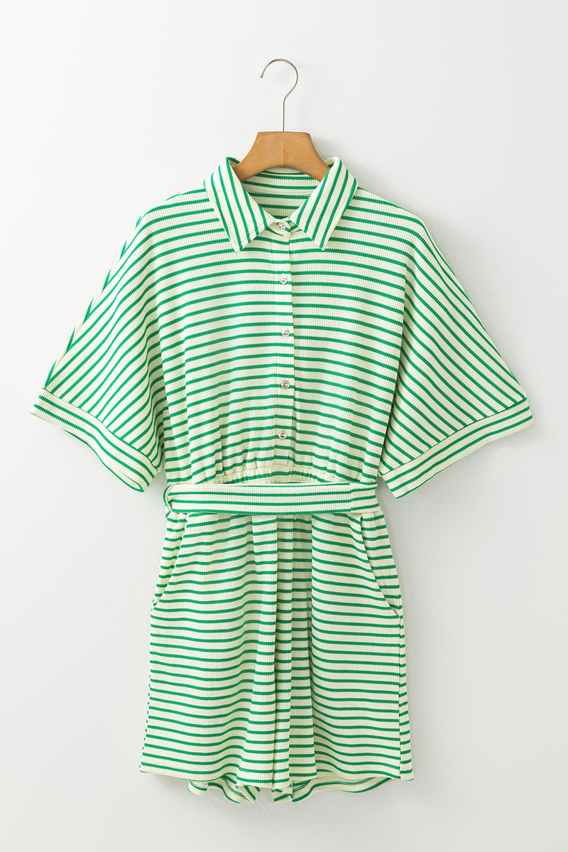 Stripe Textured Short Sleeve Collared Buttoned Waist Tie Romper