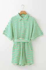 Stripe Textured Short Sleeve Collared Buttoned Waist Tie Romper
