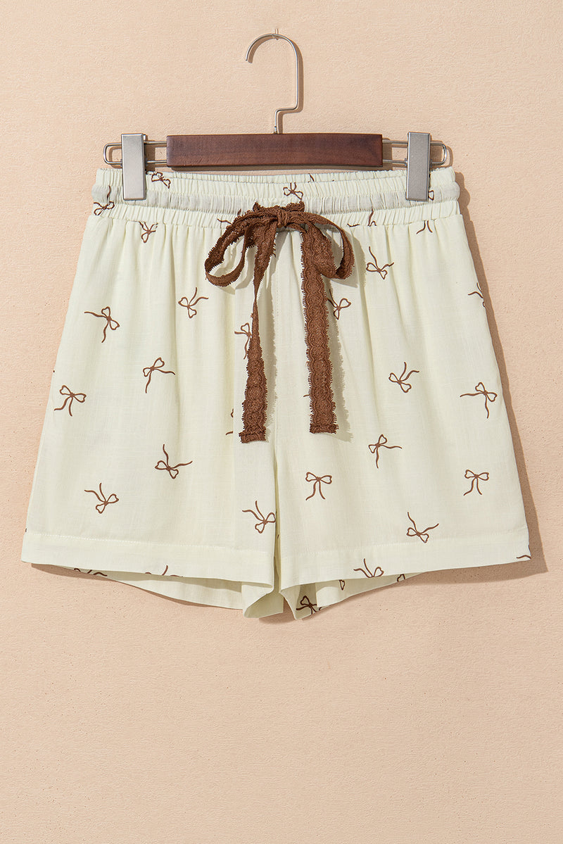 Bow Tie Print Lace Drawstring Casual Shorts