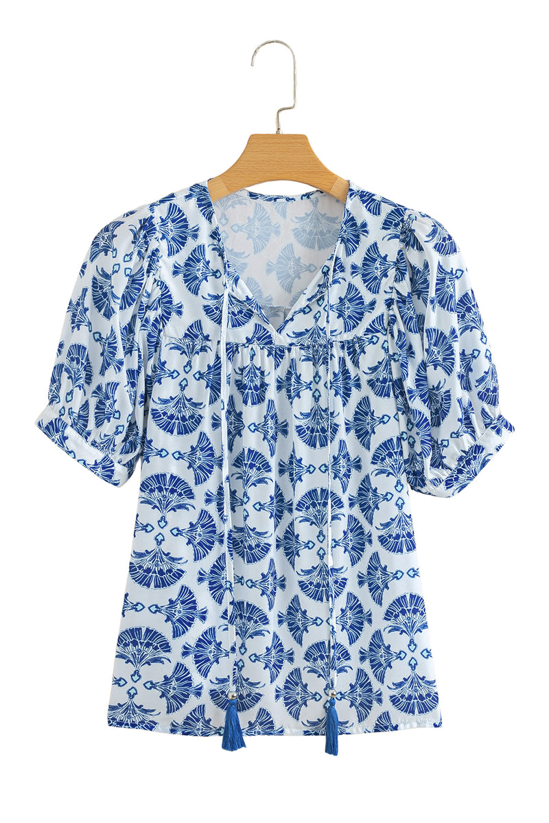 Sky Blue Geometric Print Tassel Drawstring V Neck Blouse