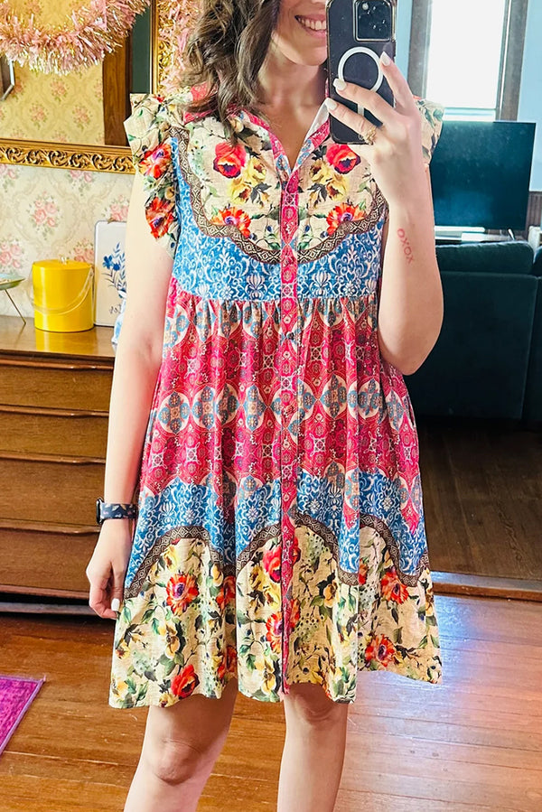 Floral Mixed Pattern Ruffle Flutter Sleeve Buttoned Dress