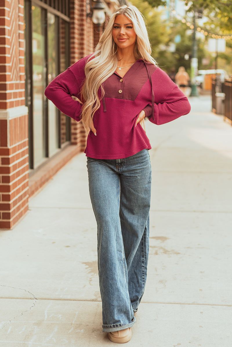Waffle Patchwork Drop Shoulder Hooded Long Sleeve Top