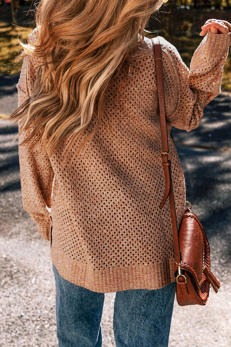 Solid Loose Eyelet V Neck Drop Shoulder Sweater