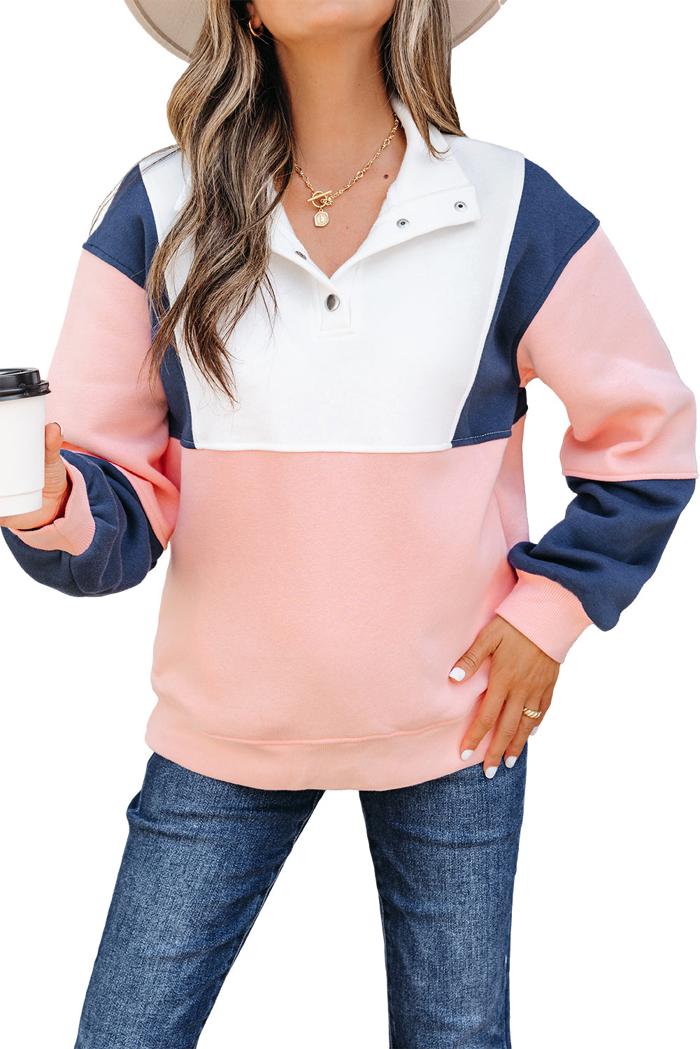 Colorblock Patchwork Half Button Baggy Sweatshirt