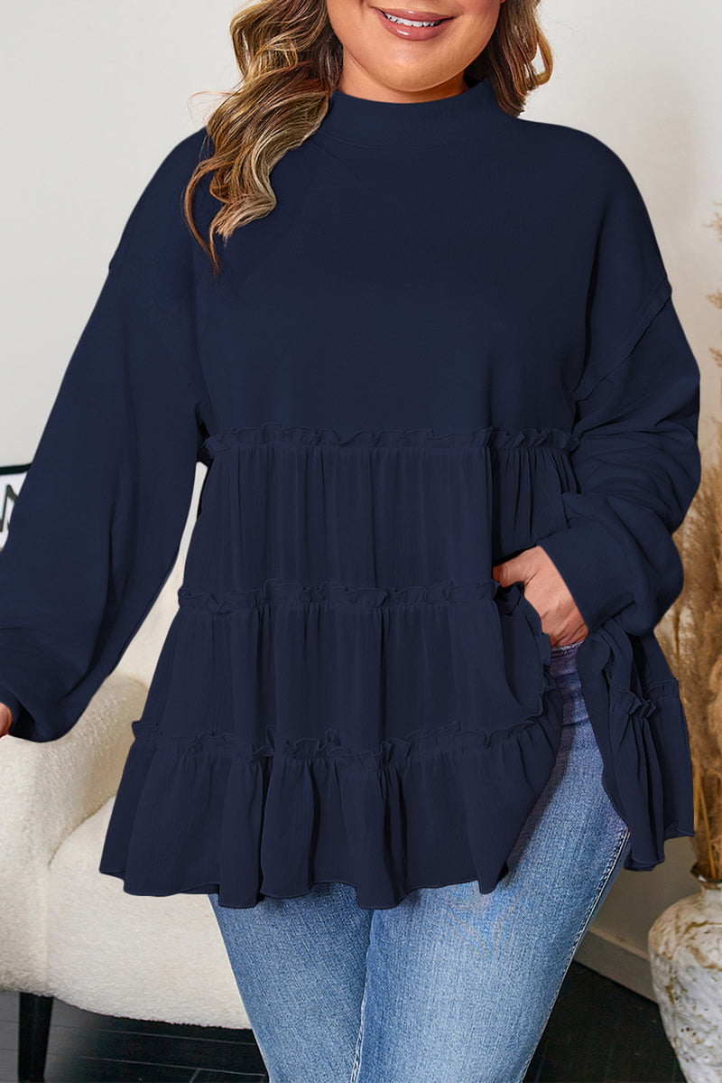 Tiered Ruffle Ribbed Crew Neck Pullover Plus Size Top