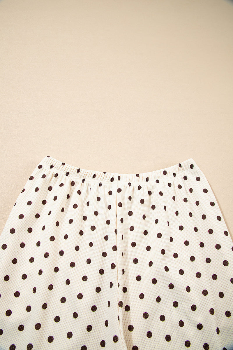 White Polka Dot Print Notched Neck Long Sleeve Top Drawstring Jogger Pants Waffle Knit Lounge Set