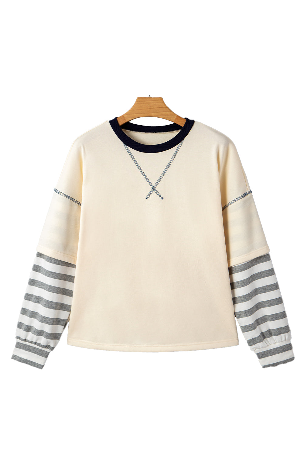 Striped Patchwork Long Sleeve Round Neck Two-in-one Top