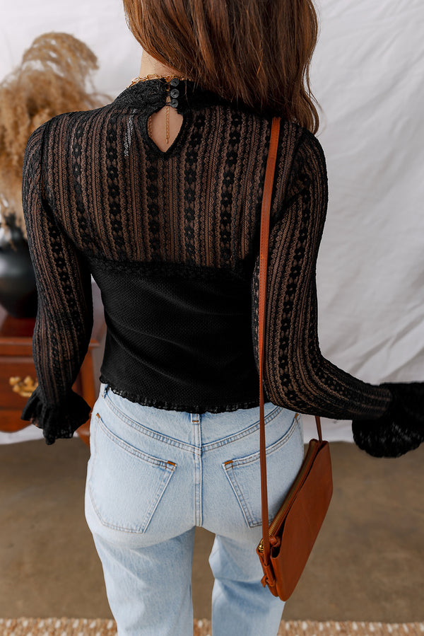 Lace Patchwork Flounce Sleeve Slim Fit Top