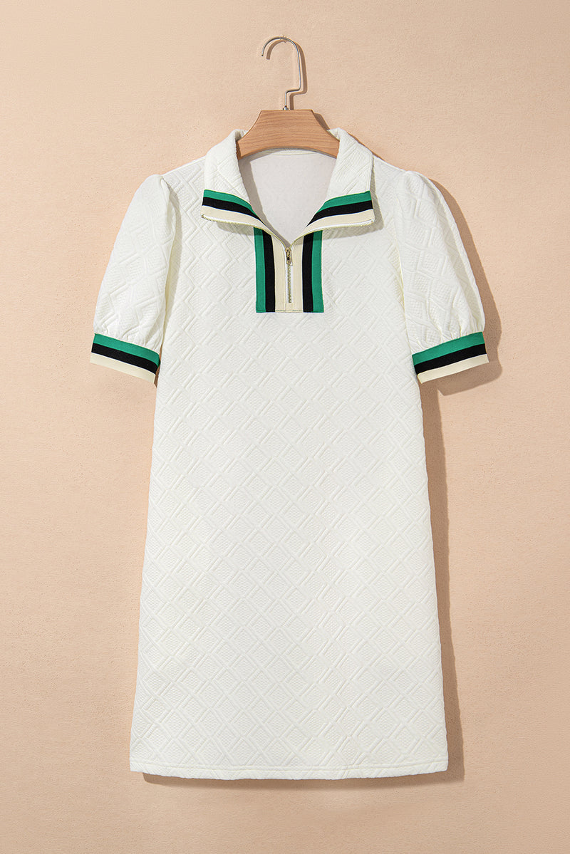 Textured Jacquard Colorblock Edge Puff Sleeve Quarter Zip Mini Dress
