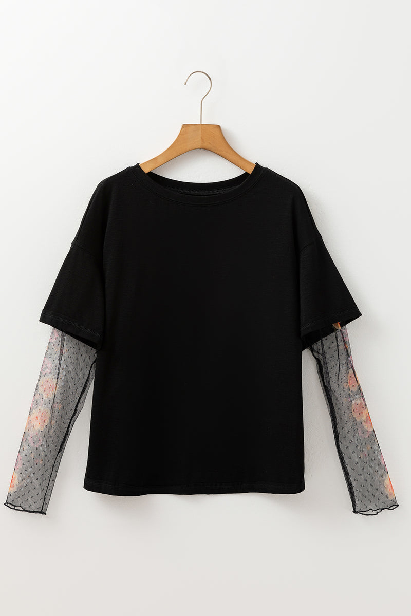 Solid Faux Two Piece Floral Long Sleeve Patchwork Tee