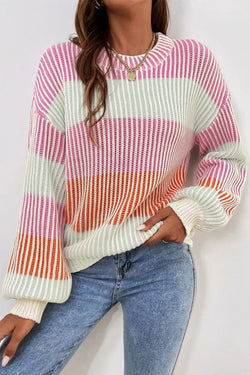 Soft Color block Textured Knit Bubble Sleeve Sweater