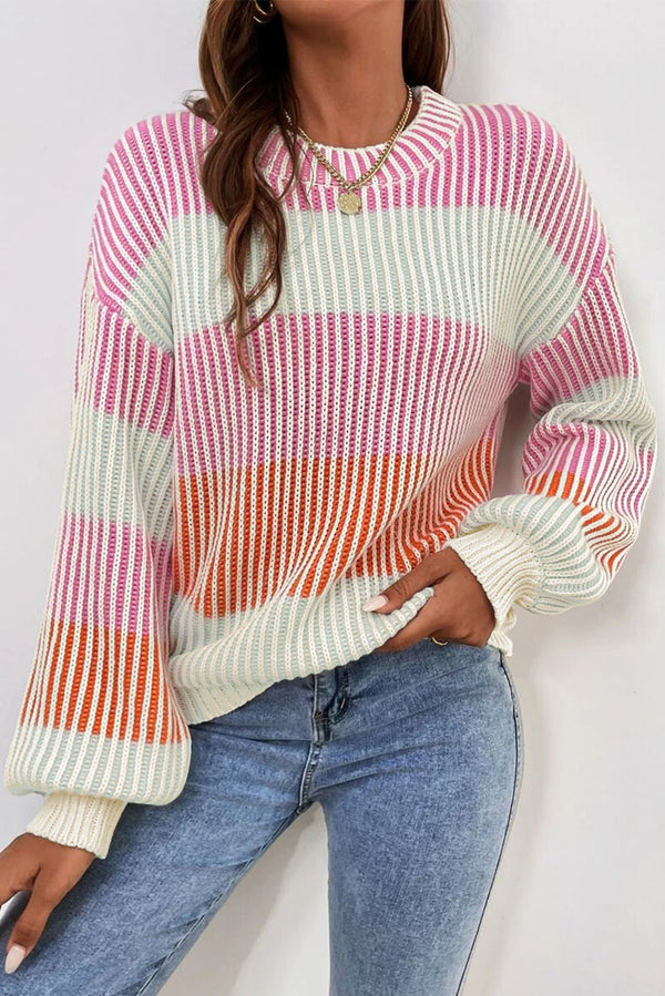 Soft Color block Textured Knit Bubble Sleeve Sweater