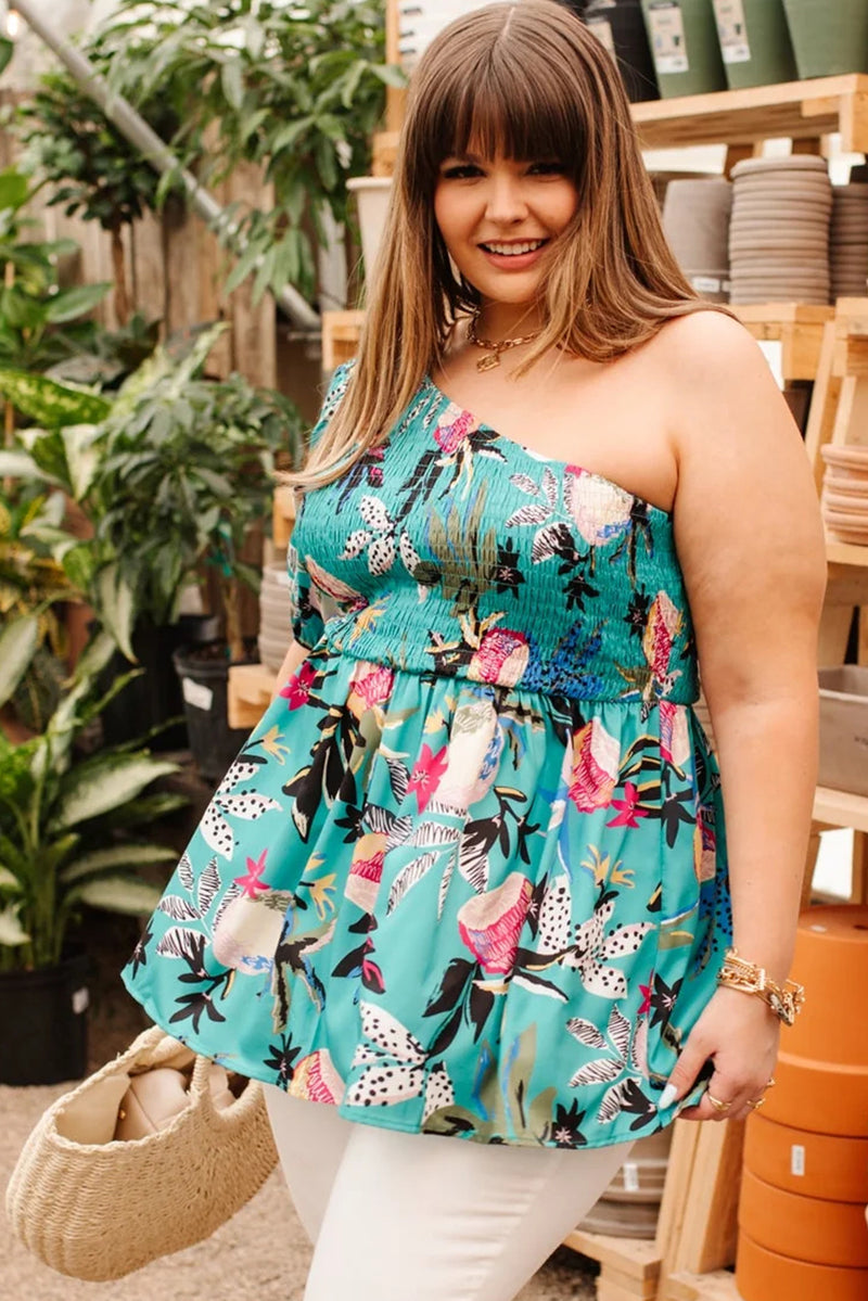 Plus Size Floral Smocked Bodice Single Puff Short Sleeve Babydoll Blouse