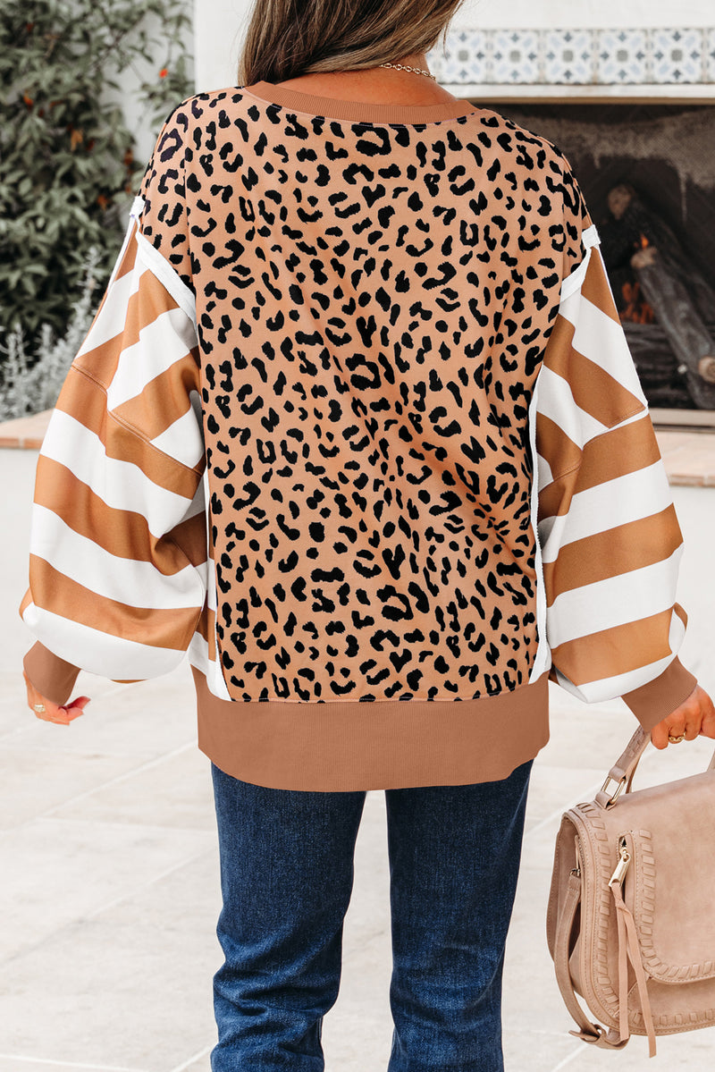 Stripe Color Block Patchwork Leopard Casual Sweatshirt with Slits