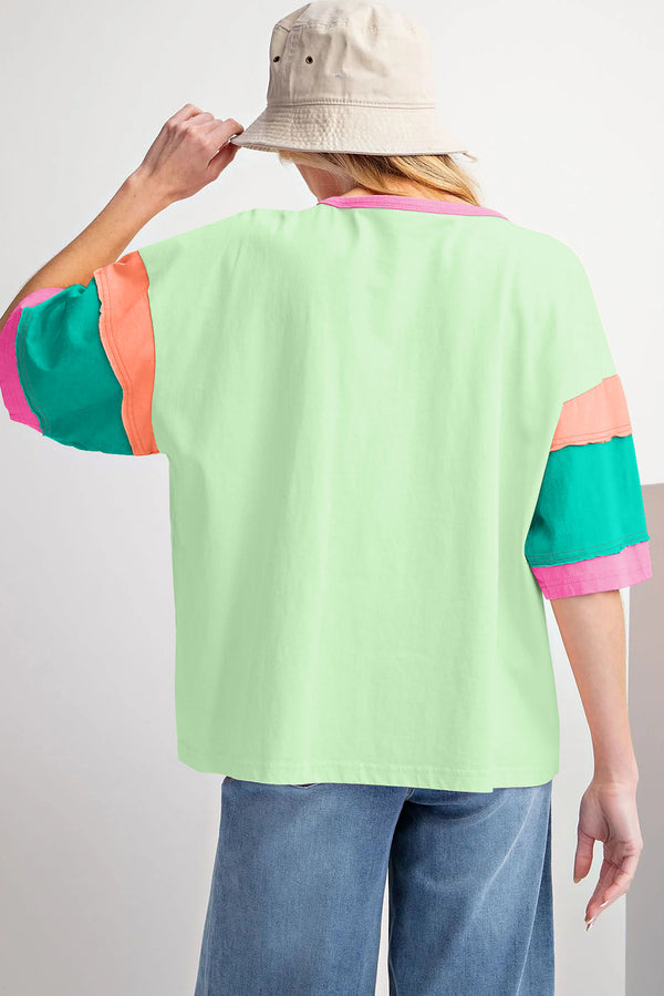 Color Block Stitching Sleeve Round Neck Oversize Top