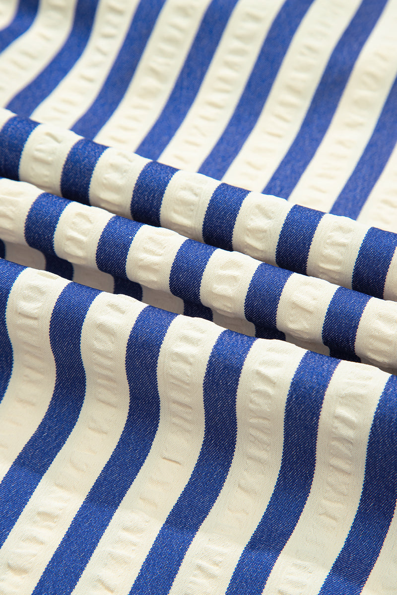 Stripe Collared Half Button Side Pockets Loose Fit Mini Dress