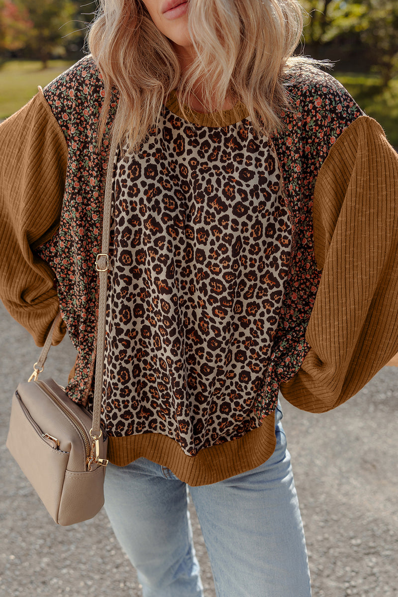 Leopard Print Ribbed Puff Sleeve Patchwork Loose Pullover