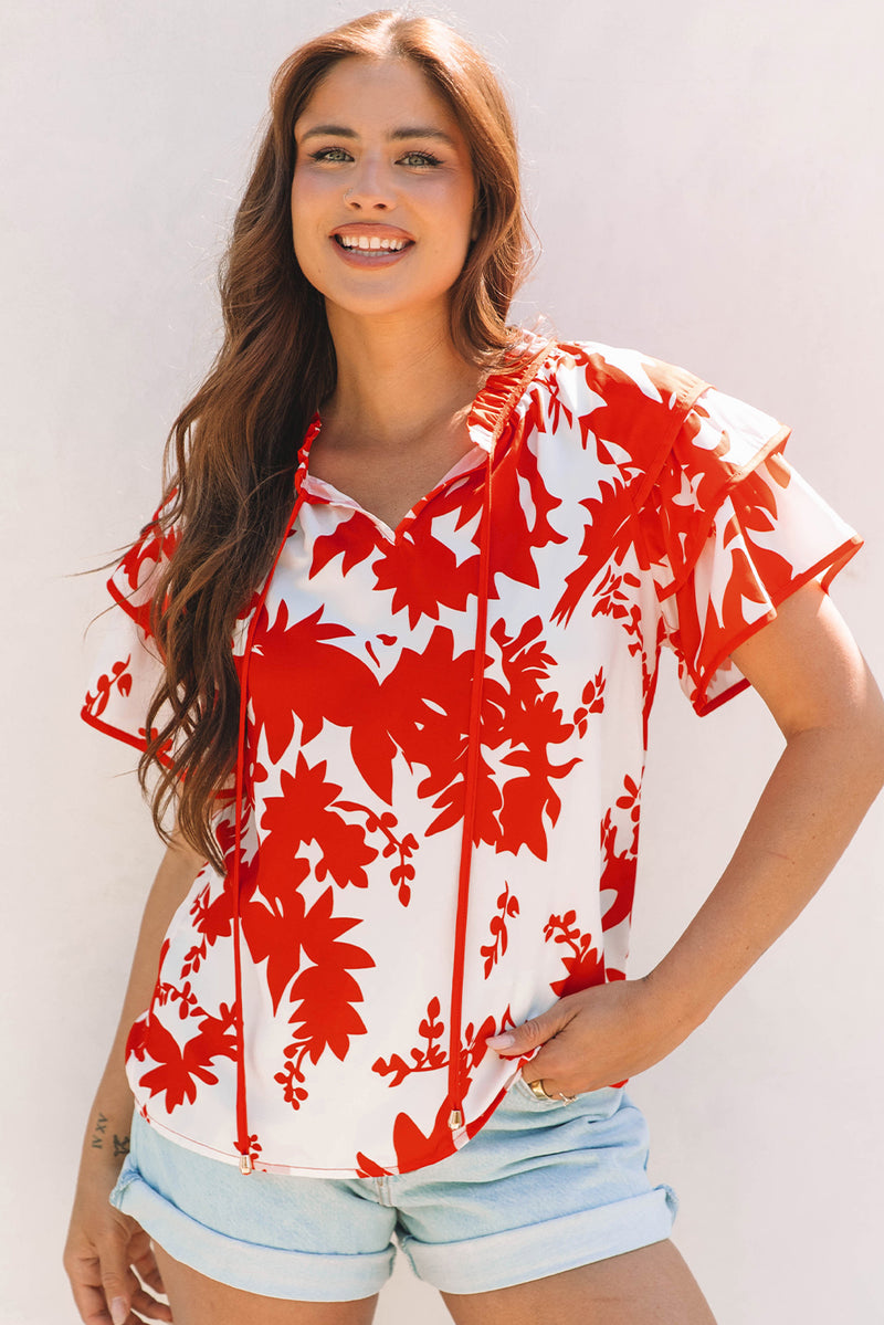 Plant Print Tiered Ruffled Sleeve V Neck Blouse