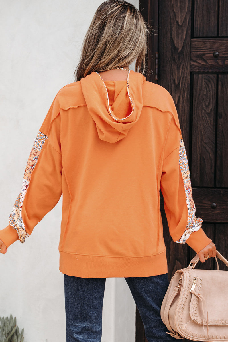 Flamingo Mix Floral Patchwork Side Slit Drawstring Hoodie