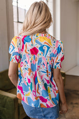 Abstract Print Lace Detail Shirred Short Sleeve Split Neck Blouse