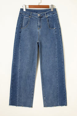 Stitched Raw Hem Wide Leg Loose Jeans
