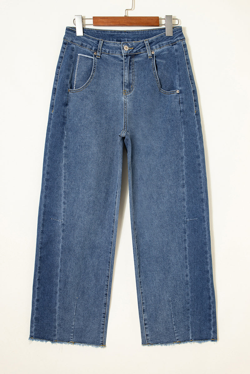 Stitched Raw Hem Wide Leg Loose Jeans