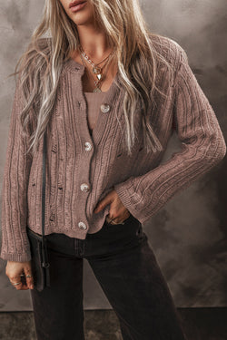 Brown Cut Out Textured Knit Buttoned Cardigan