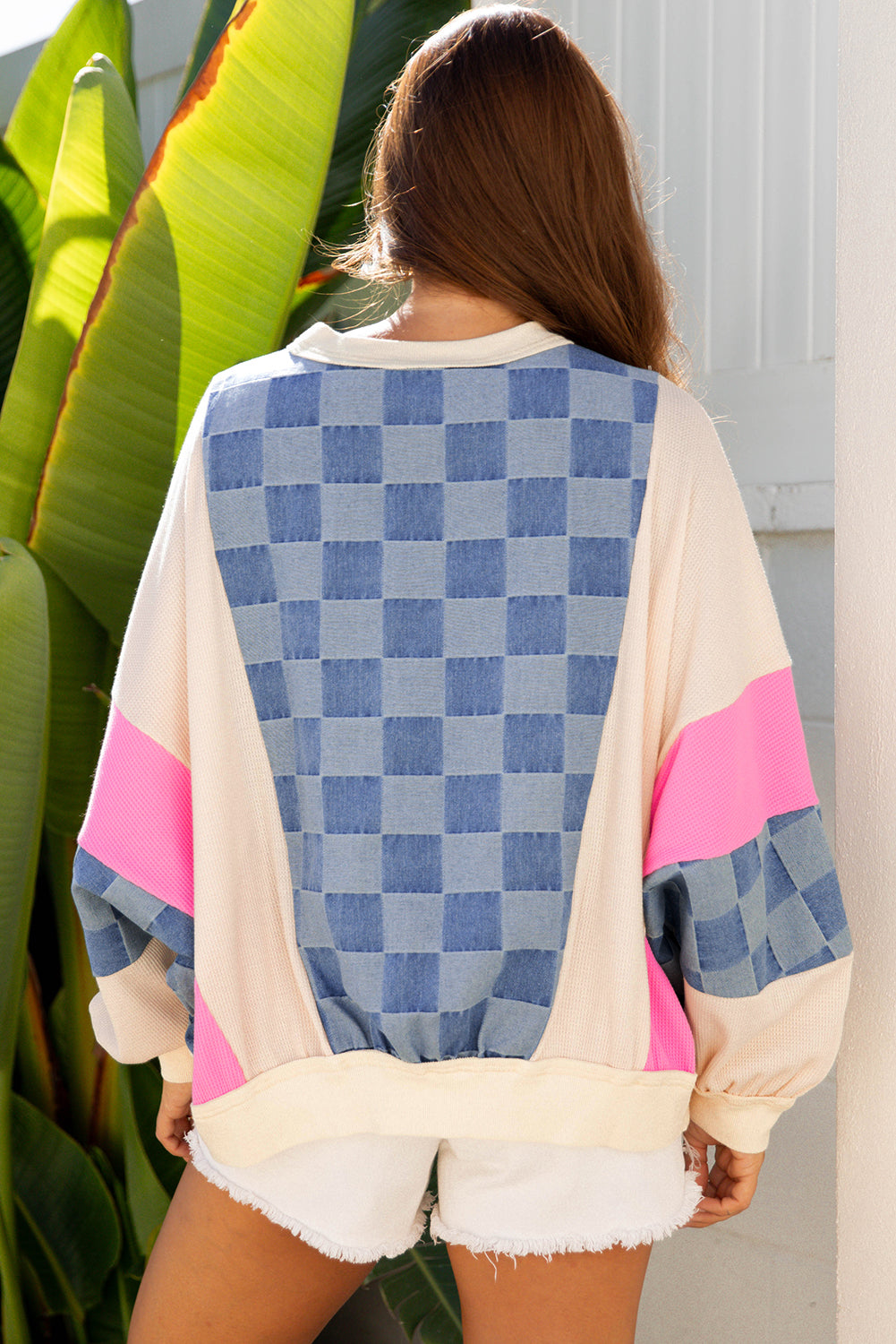 Oversized Checkered Denim Exposed Seam Patchwork Casual Sweatshirt