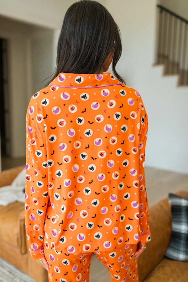 Halloween Print Lapel Shirt Long 2pcs Pajama Set